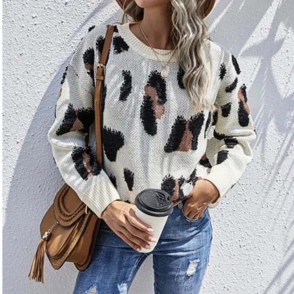 Leopard Ivory Drop Shoulder Crew Neck Sweater - Picture 1 of 7